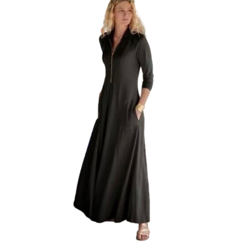 Maxi Long Sleeve Dress Gold Zipper Pockets Long Fit & Flare Black Medium